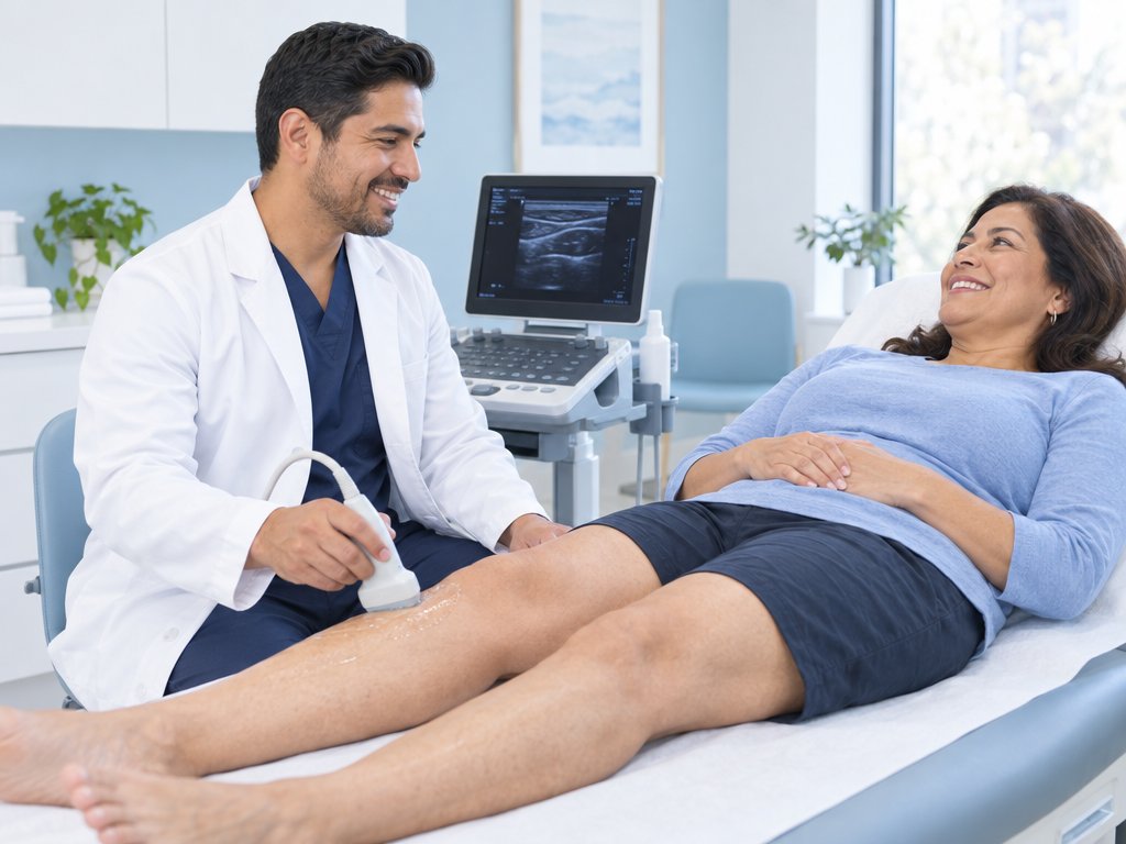 A physician performing a leg ultrasound while the patient smiles