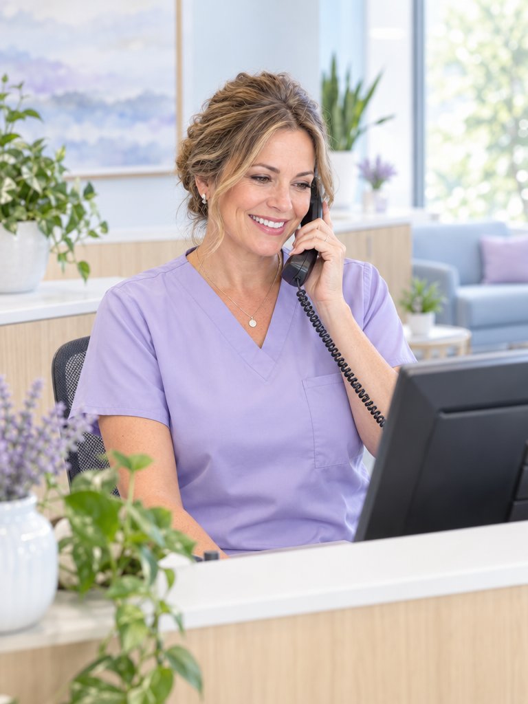 A clinic coordinator answering a patient call at the front desk (illustrative)