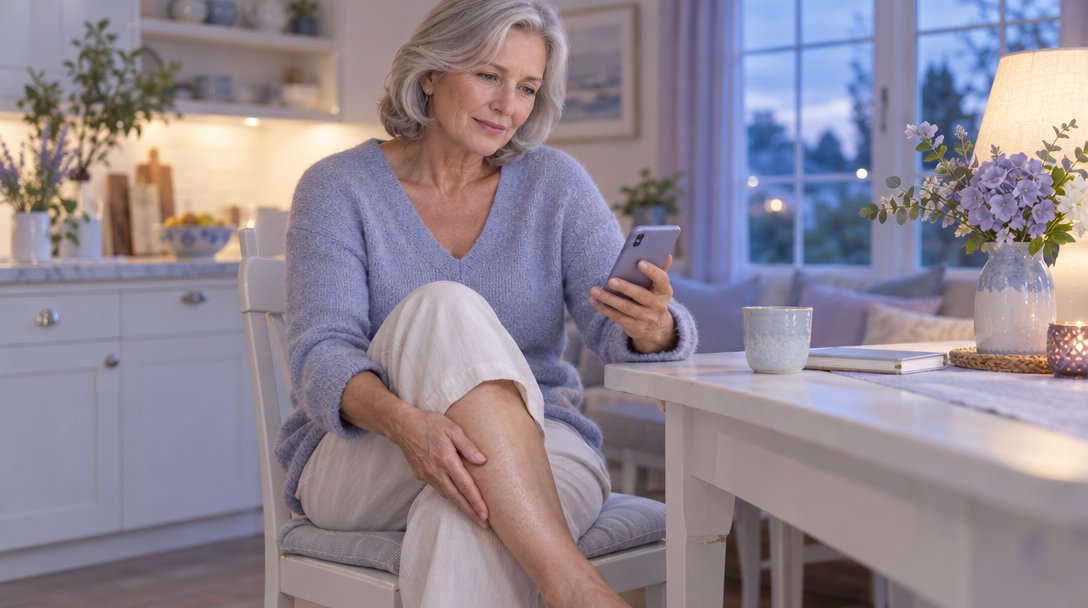A woman at her kitchen table rubbing her calf while searching on her phone