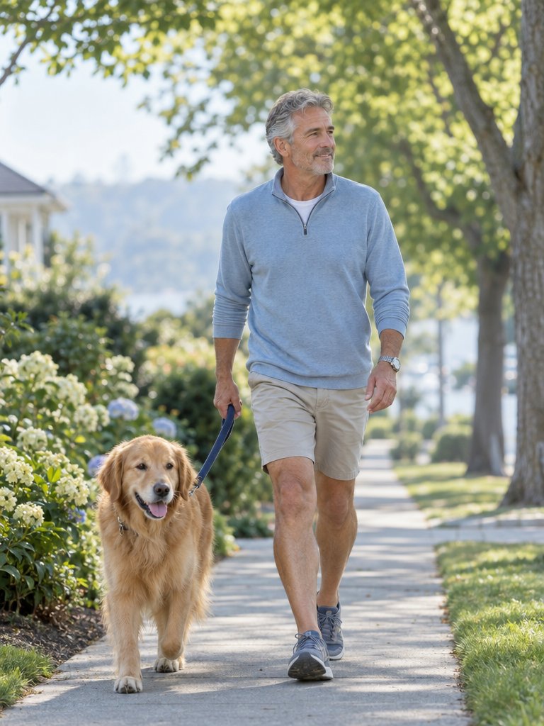 A man walking his dog comfortably along a sunny sidewalk